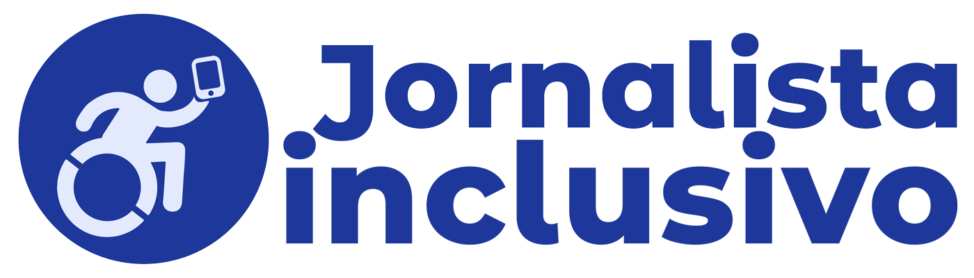 Símbolo de pessoa em cadeira de rodas em movimento segurando um smartphone. Ao lado, o nome Jornalista Inclusivo.